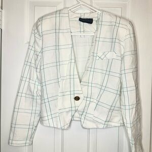 Just In Thymed LTD Vintage Blazer White Blue Striped Shoulder Pads Women Small
